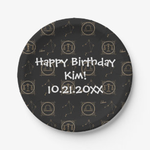 Bday Black & Gold Zodiac Libra Astrologie Sternzei Pappteller