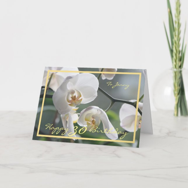 Bday Jenny White Orchids Eleganter Goldener Rahmen Karte (Vorderseite)