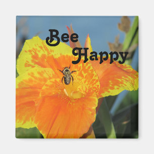 Be Happy Bee Pun Bright Orange Blume Foto Magnet