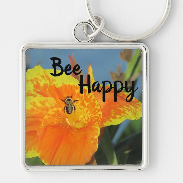 Be Happy Bee Pun Bright Orange Blume Foto Schlüsselanhänger (Vorne)