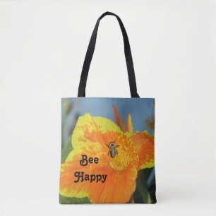 Be Happy Bee Pun Bright Orange Blume Foto Tasche