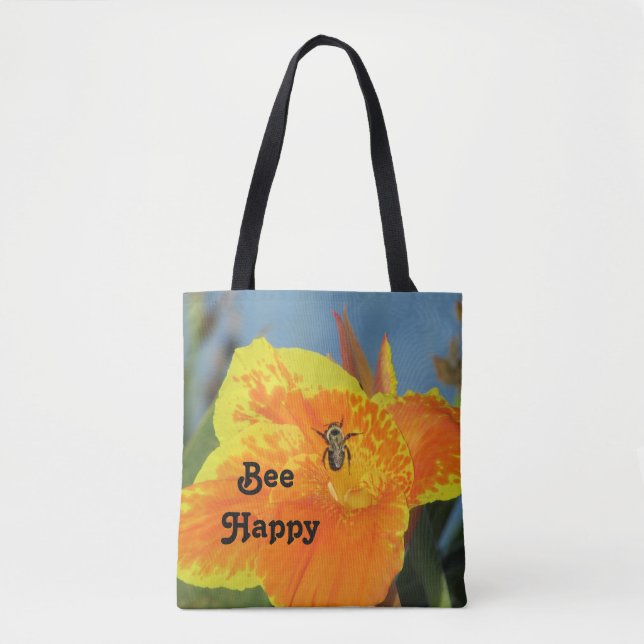 Be Happy Bee Pun Bright Orange Blume Foto Tasche (Vorderseite)