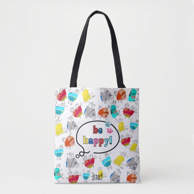 "Be Happy" farbenfrohe Gestaltung der Katze Tasche (Vorderseite)