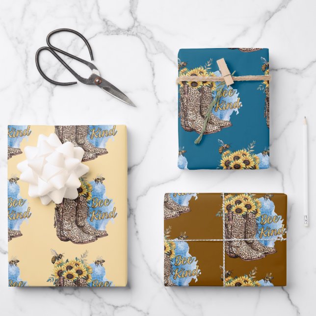 Be Kind Bees Western Cowgirl Boots Gift Wrap Paper Geschenkpapier Set (Vorderseite)
