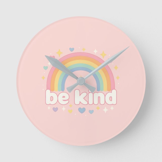 Be Kind – Rainbow Pastel Positivity Runde Wanduhr (Vorderseite)