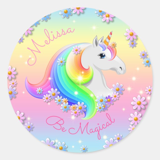 Be Magical Unicorn Personalisiert Girls Party Runder Aufkleber (Vorderseite)