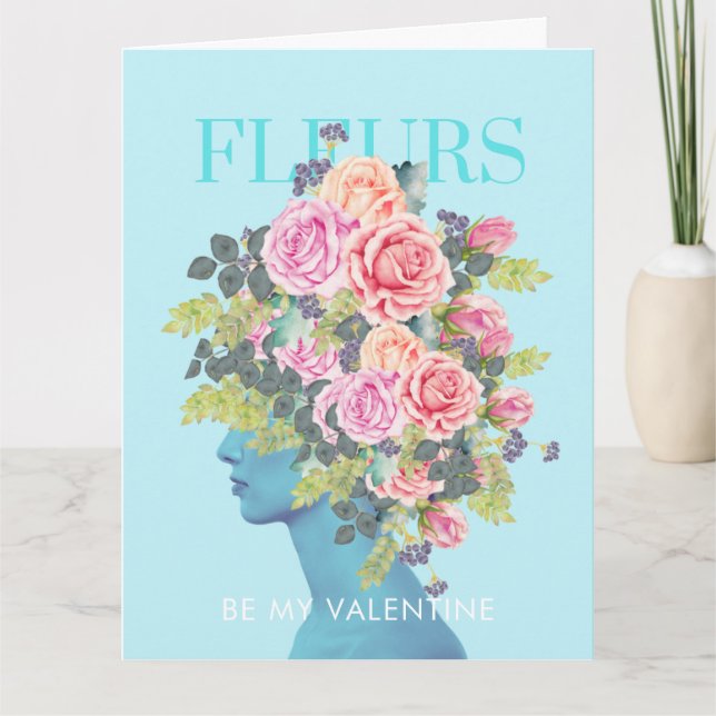 BE MEINE VALENTINE Sky Blue Floral Card Dankeskarte (Vorderseite)