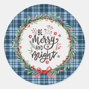 "Be Merry & Bright" Vintag Blue Gingham Kariert Runder Aufkleber