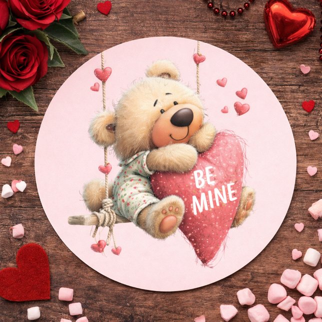  Be My Valentine Teddy Bear – Hanging Heart  Runder Aufkleber (Von Creator hochgeladen)