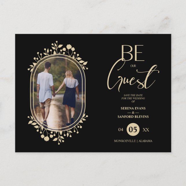 Be our Guest Black Wedding Chic Floral Frame Photo Ankündigungspostkarte (Vorderseite)