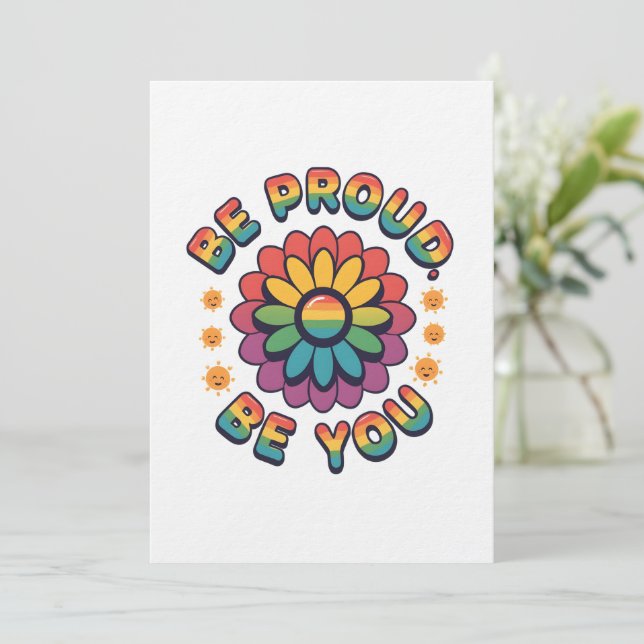 Be Proud Be You – Retro Rainbow Flower Pride Quote Einladung (Stehend Vorderseite)