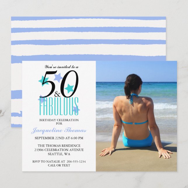 Beach 50 und fabelhafte Foto zum Geburtstag Einladung (Vorne/Hinten)