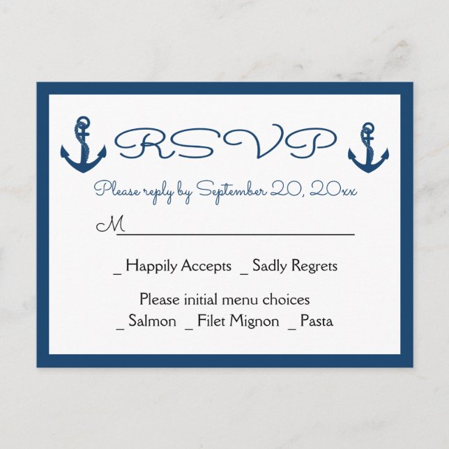 Beach Anchor Beach Navy Blue Nautical Wedding RSVP Einladungspostkarte (Vorderseite)