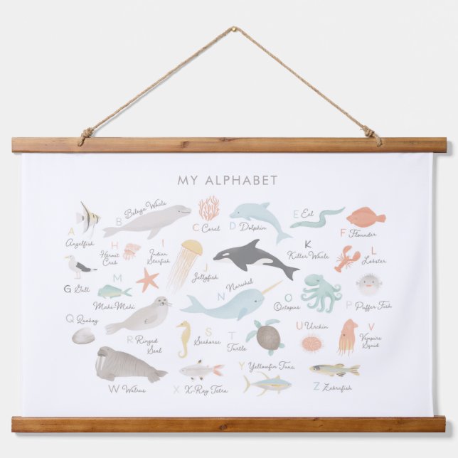 Beach Animal Alphabet Kinderzimmer Dekoration Wandteppich Mit Holzrahmen (Vorne)
