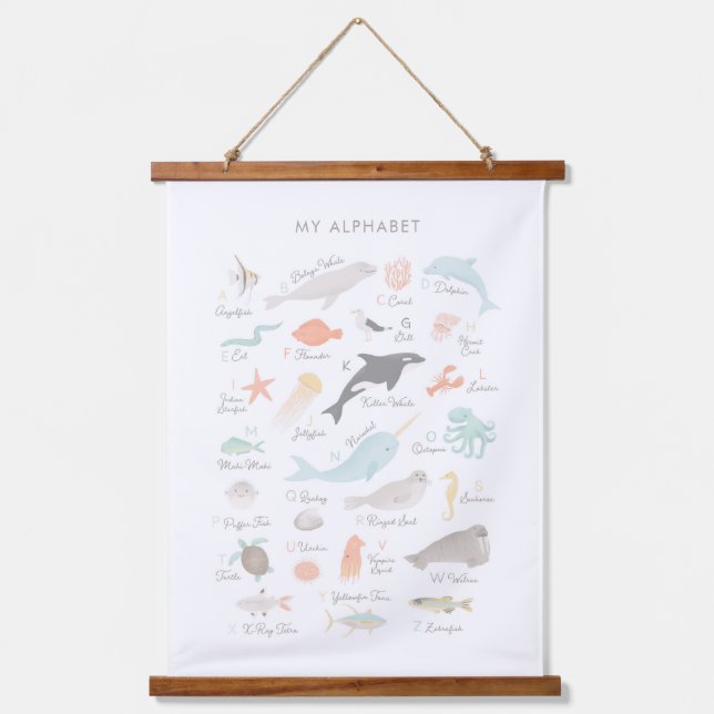 Beach Animal Alphabet Kinderzimmer Dekoration Wandteppich Mit Holzrahmen (Vorderseite)