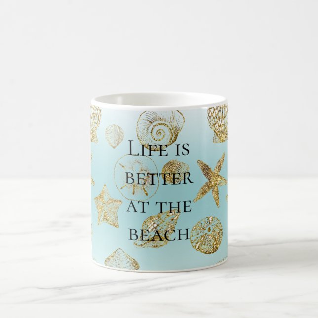 Beach Aqua Blue Ombre Gold Muscheln Kaffeetasse (Mittel)