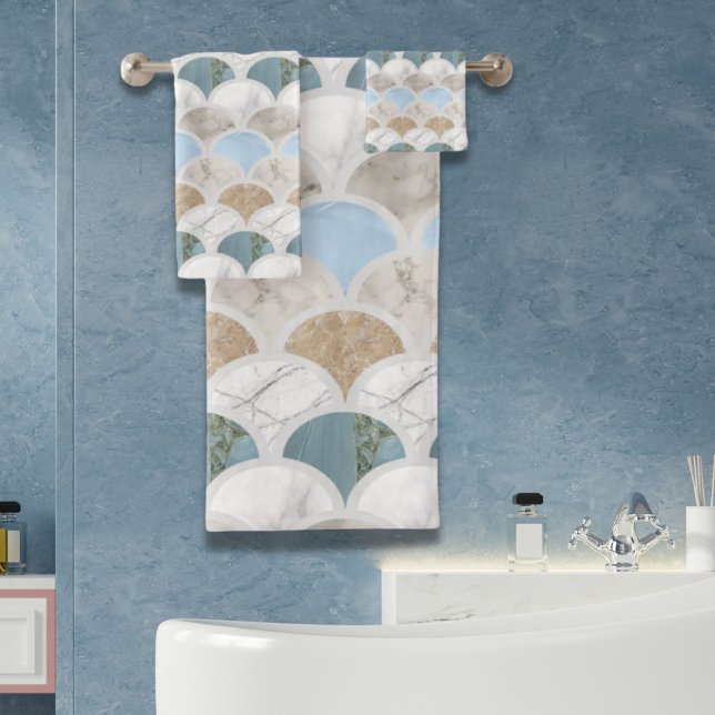 Beach Aqua Blue White Marble Pastel Mermaid Scales Badhandtuch Set (beach aqua blue white marble pastel mermaid scales bath towel set)