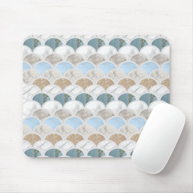 Beach Aqua Blue White Marble Pastel Mermaid Scales Mousepad (Mit Mouse)