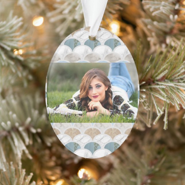 Beach Aqua Blue White Marble Pastel Mermaid Scales Ornament (Baum)