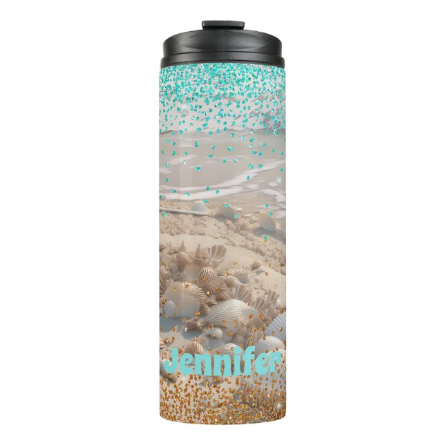 Beach Aqua Gold Glitzer Thermosbecher (Vorderseite)