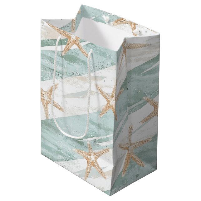 Beach Aqua Mint Starfish Streifen Brautparty Mittlere Geschenktüte (Vorderseite Schrägansicht)