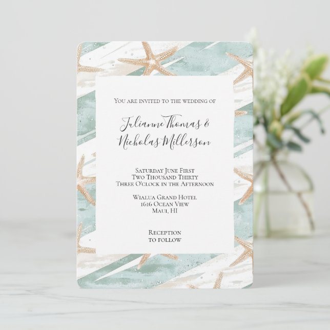 Beach Aqua Mint Starfish Streifen Hochzeit Einladung (Stehend Vorderseite)