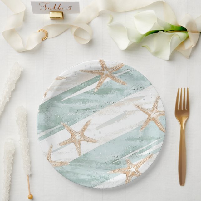Beach Aqua Mint Starfish Streifen Hochzeit Pappteller (Hochzeit)