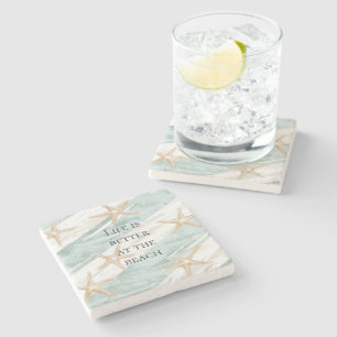 Beach Aqua Mint Starfish Streifen Hochzeit Steinuntersetzer