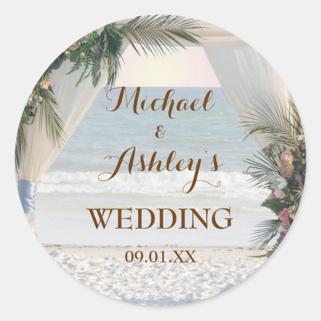 Beach Arbor Rose Tropical Blätter Sunset Wedding Runder Aufkleber (Vorderseite)