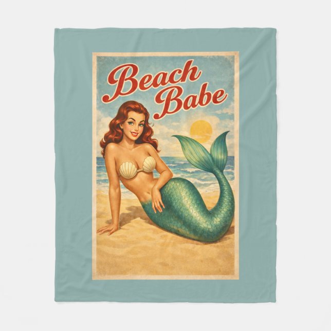 Beach Babe Pin-Up Mermaid -Retro Coastal Life Teal Fleecedecke (Vorderseite)