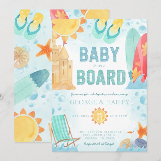 Beach Baby an Bord Baby Dusche Einladung (Vorne/Hinten)
