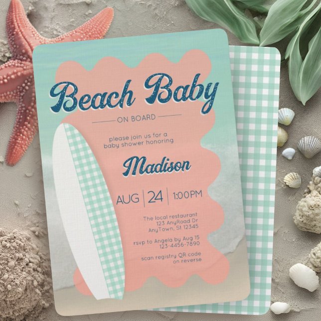 Beach Baby an Bord Coral Mint Gingham Baby Shower Einladung (Von Creator hochgeladen)