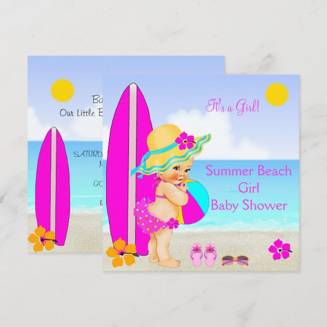 Beach Baby Duschmädchen Pink Aquamarin Blue Sunhat Einladung (Vorne/Hinten)