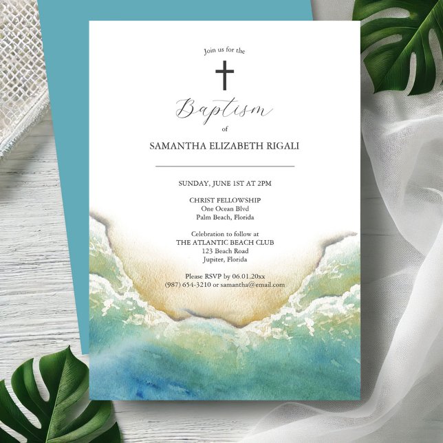 Beach Baptisk Einladung Wasserfarbe (Baptism invitations watercolor ocean waves art by Victoria Grigaliunas Do Tell A Belle)