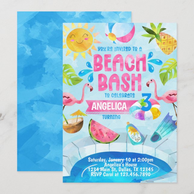 Beach Bash Pool Party Geburtstag Einladung (Vorne/Hinten)