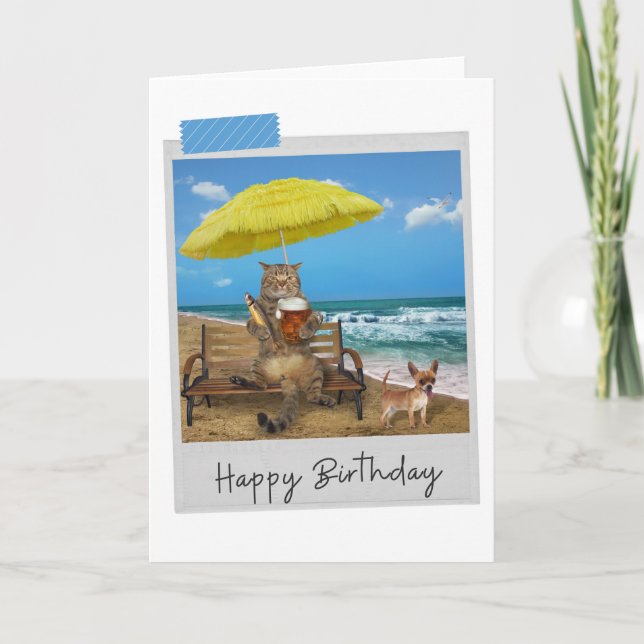 Beach Beer Cat Funny Birthday Card Karte (Vorderseite)