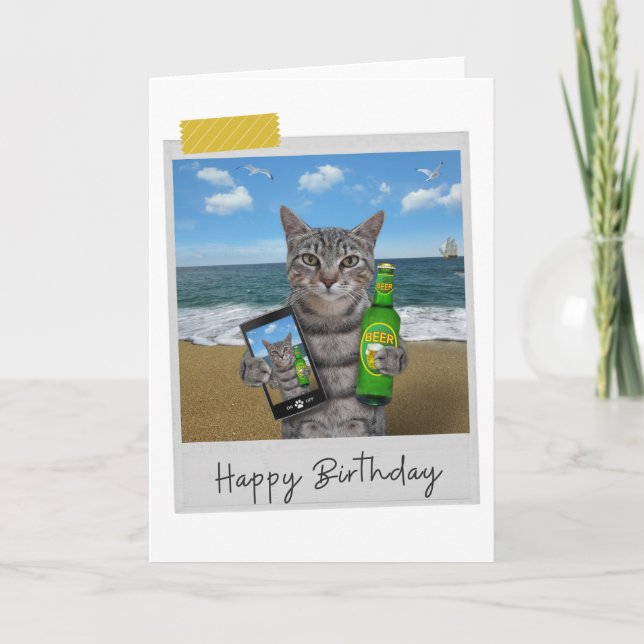 Beach Beer Tabby Cat Funny Birthday Card Karte (Vorderseite)