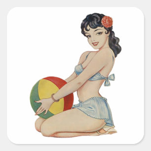 Beach Belle - Vintage Pin-Up Mädchen Quadratischer Aufkleber
