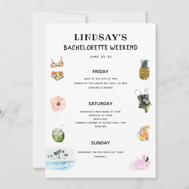 Beach Bikini Bachelorette Itinerary Einladung (Vorderseite)