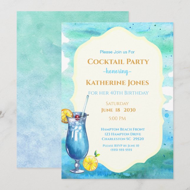 Beach Birthday Cocktail Party Blue Lagoon Einladung (Vorne/Hinten)