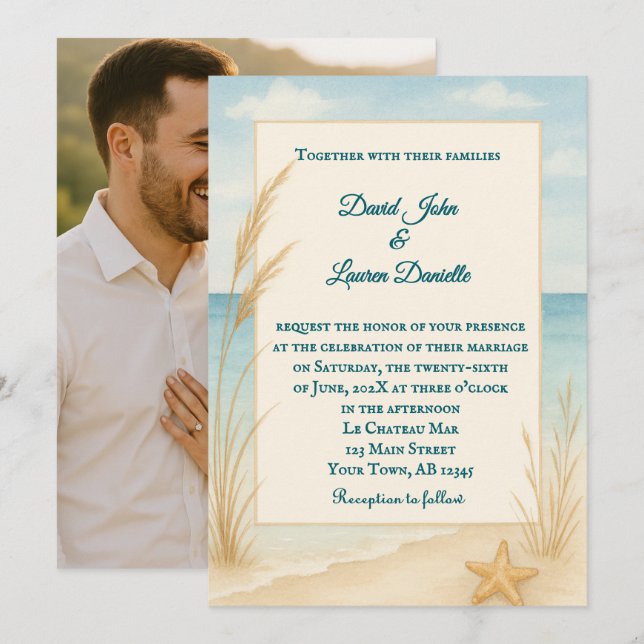 Beach Bliss Photo Wedding Invitation (Devant / Derrière)