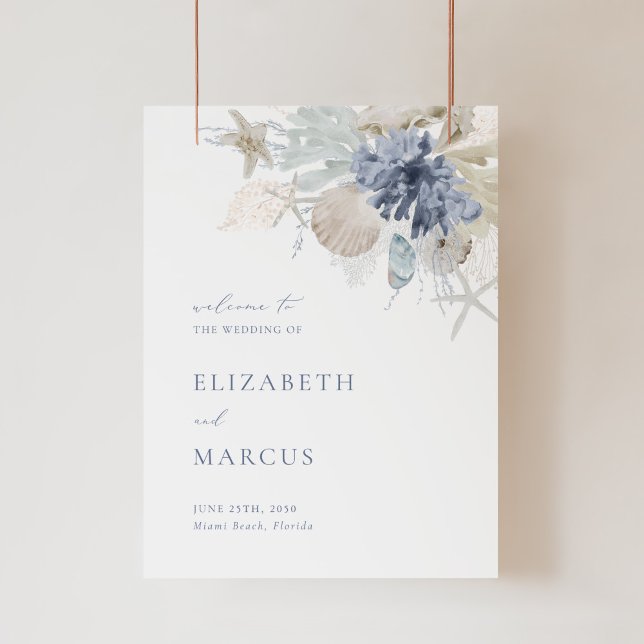 Beach Blue Acrylic Wedding Welcome Sign Acrylschild (coastal acrylic wedding welcome sign with seashells, coral, starfish, and elegant blue typography)