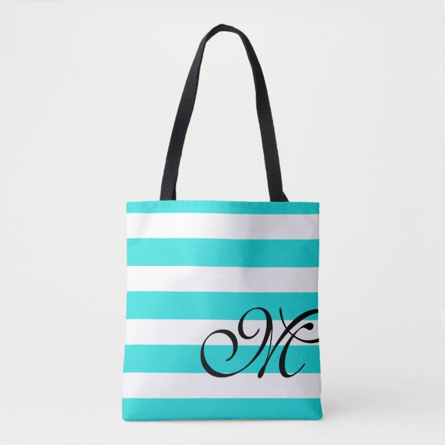 Beach Blue Aqua & White Streifen Monogram Totbeute Tasche (Vorderseite)