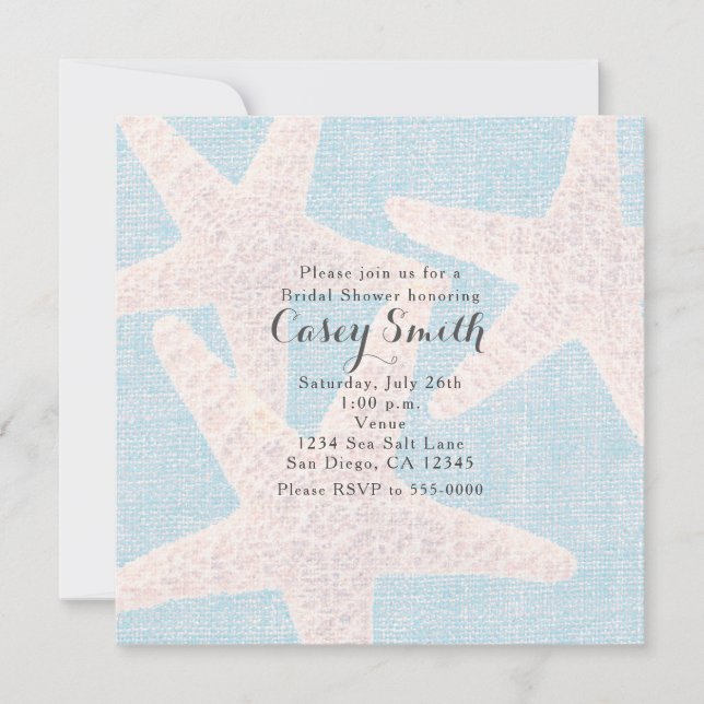 Beach Blue Burlap Starfish Elegante Wedding Bridal Einladung (Vorderseite)