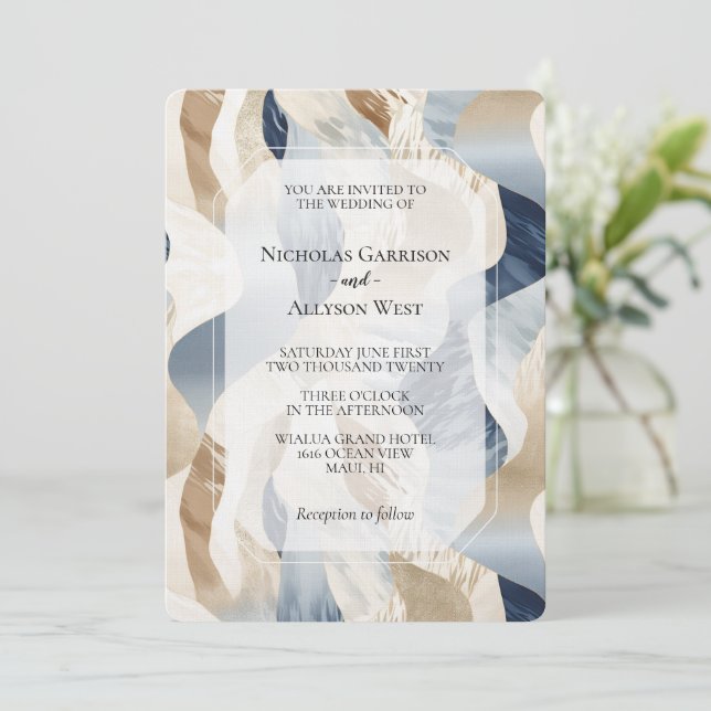 Beach Blue Cream Sand Ivory Abstrakt Wedding Einladung (Stehend Vorderseite)