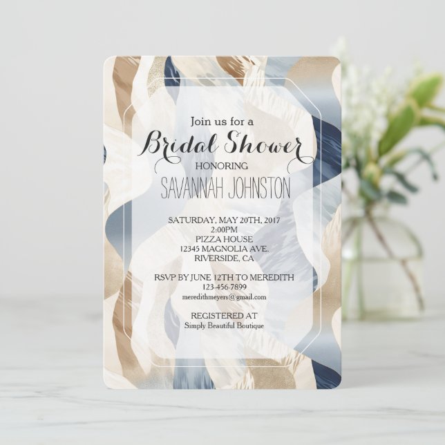 Beach Blue Cream Sand Ivory Abstraktes Brautparty Einladung (Stehend Vorderseite)