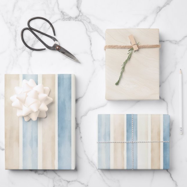 Beach Blue Cream Stripes Bridal Shower Geschenkpapier Set (Vorderseite)