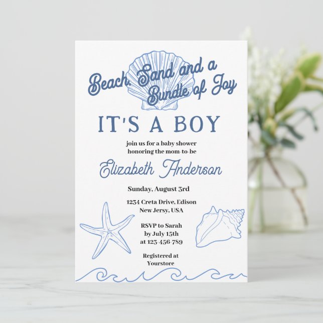Beach Blue Ocean Baby Boy Dusche Einladung (Stehend Vorderseite)