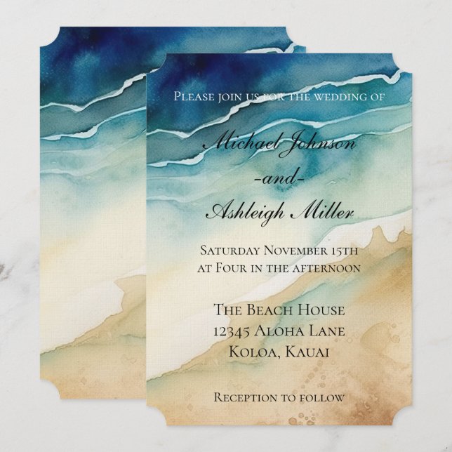 Beach Blue Ocean Sand Wedding Einladung (Vorne/Hinten)