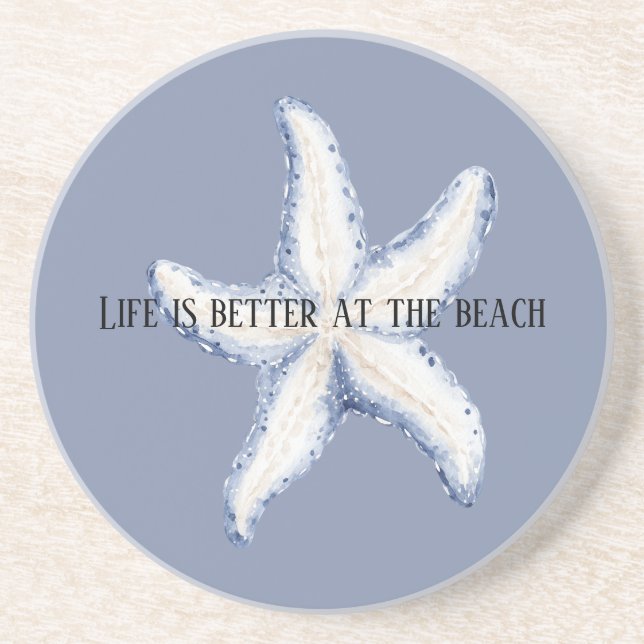 Beach Blue White Starfish Quote Getränkeuntersetzer (Vorne)